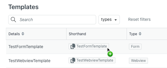 The Templates tab showing the 'Shorthand' column with copy functionality for template names.