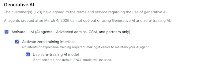 Zendesk Generative AI settings panel for AI agent configuration
