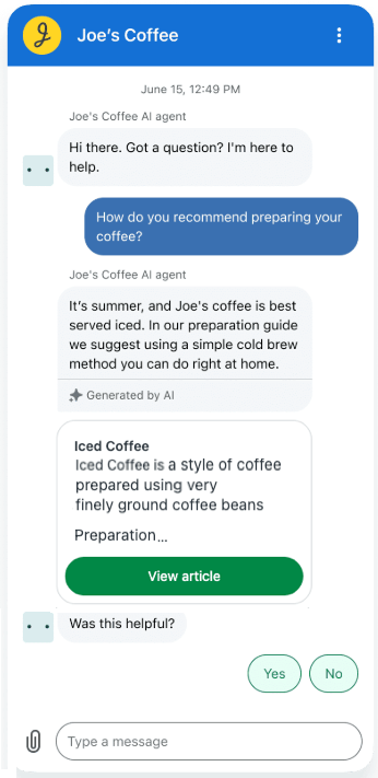 Un usuario interactuando con el agente de IA de Joe's Coffee en una interfaz de chat, recibiendo información y sugerencias de artículos.