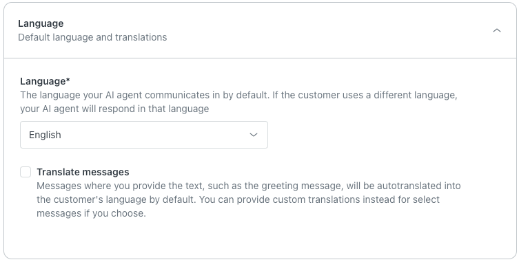 Panel de configuración de idioma para el idioma predeterminado y la traducción automática de mensajes