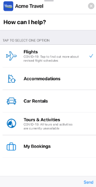 Le menu interactif d'Acme Travel dans un chat Apple Messages for Business.