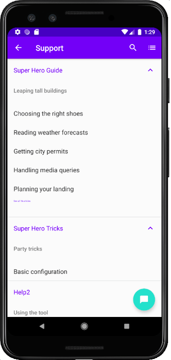 Mobile app help center with categorized support articles
