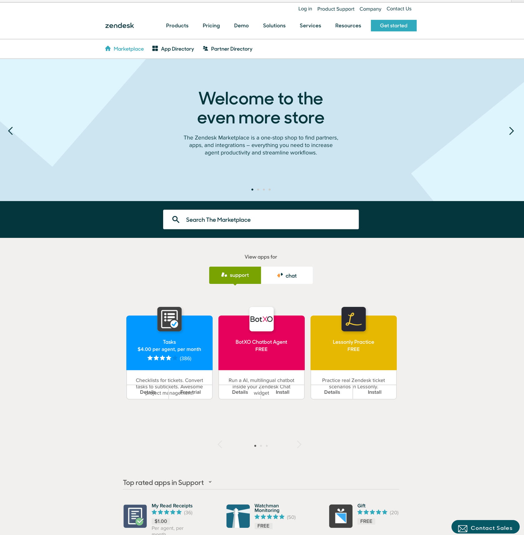Interface de la Zendesk Marketplace montrant le répertoire d'applications pour découvrir les intégrations