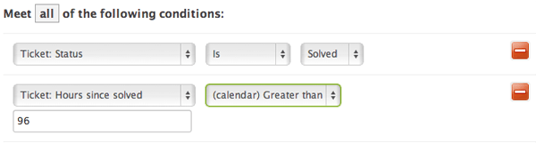 Zendesk Ansichten Konfiguration mit Ticketfilter Bedingungen für Status und Zeit seit Gelöst