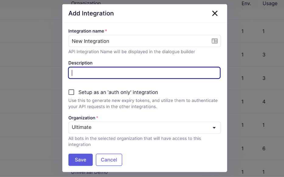 Integration Builder modal for configuring API credentials and authentication settings