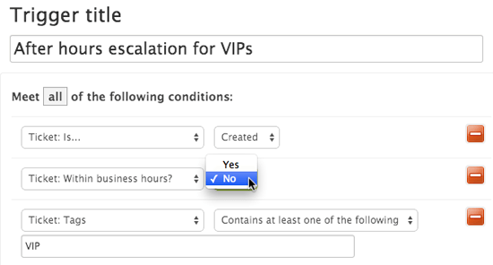 Painel de condições de gatilho do Zendesk mostrando o menu suspenso 'Dentro do horário de funcionamento' definido como 'Não'.