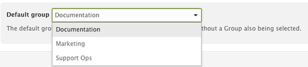 ドキュメントが現在選択されているデフォルトグループドロップダウンを表示する管理センターグループ設定