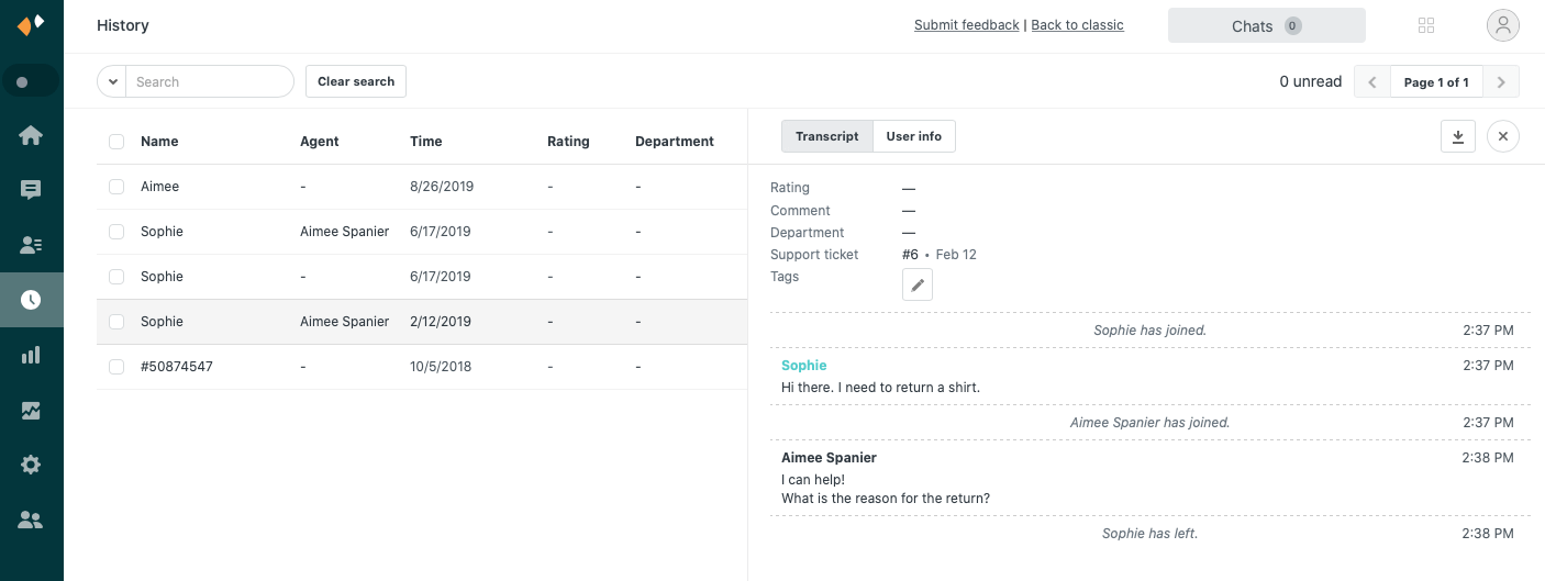 Zendesk Chat-Verlaufsseite mit vergangenen Konversationen und Protokollen