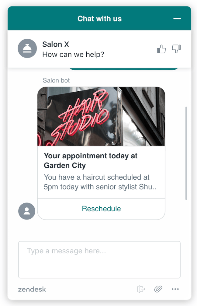 Zendesk Chat structured message with appointment details and Reschedule button