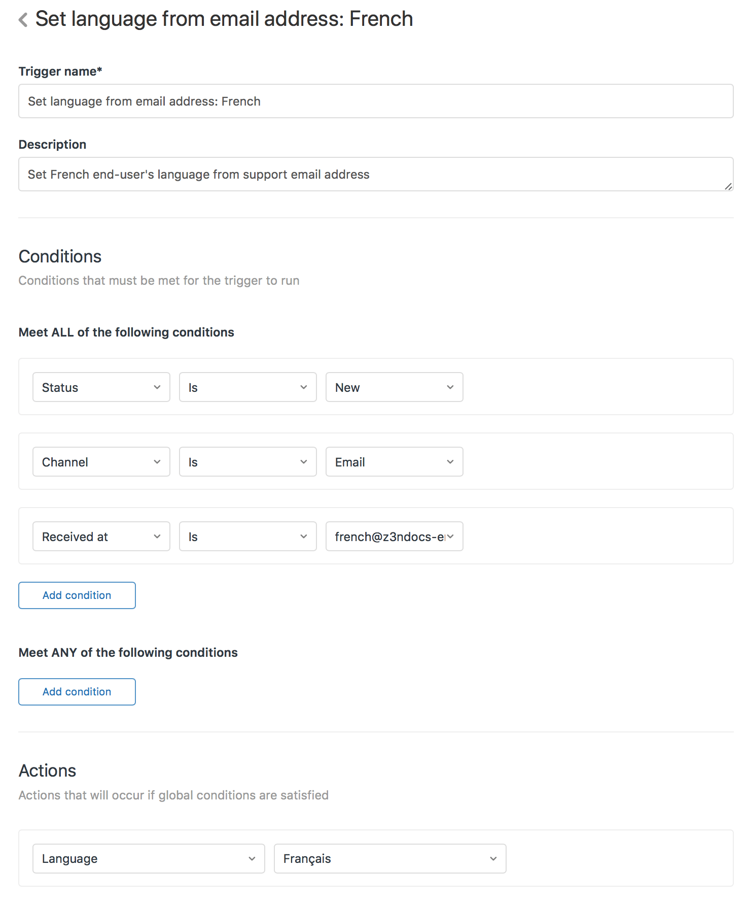 Configuring a localization trigger in an admin center, showing the 'Language' action dropdown set to 'Français'.