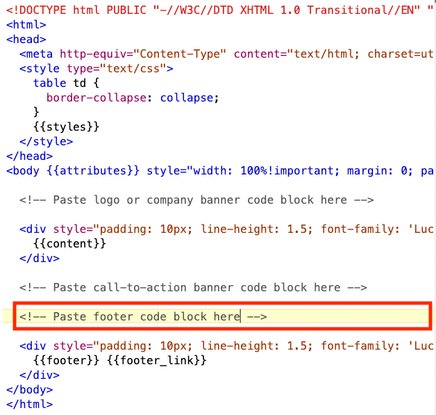A Zendesk HTML email template displaying the foundational structure and dynamic content placeholders for email formatting.