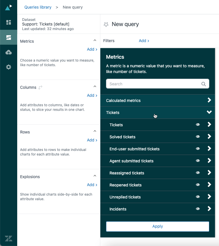 Generador de informes de Zendesk Explore que muestra la selección del conjunto de datos