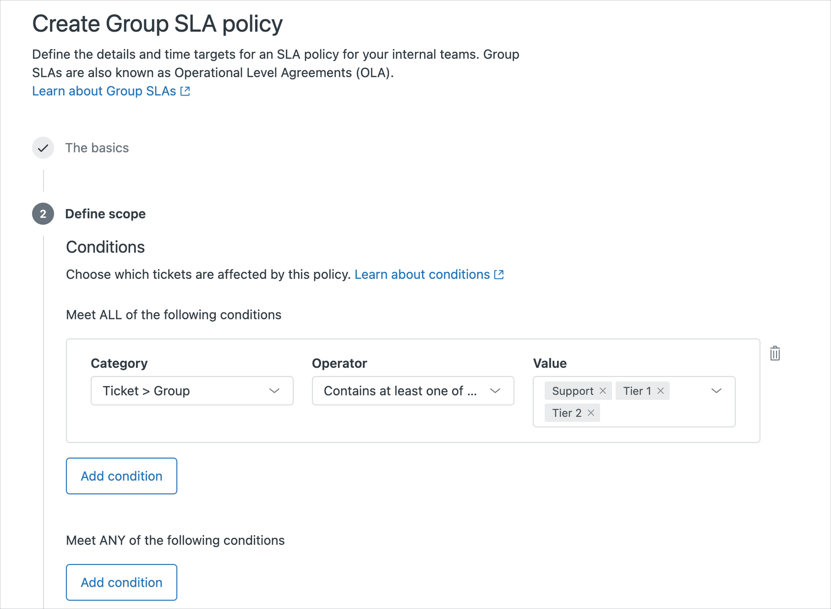 Asistente de política de SLA de grupo que muestra la selección de grupo y la configuración de condiciones