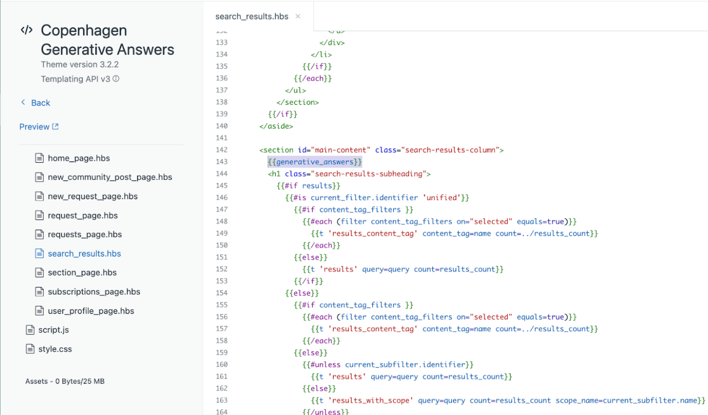 Éditeur de thème montrant le modèle search_results.hbs avec le placement de l'espace réservé generative_answers