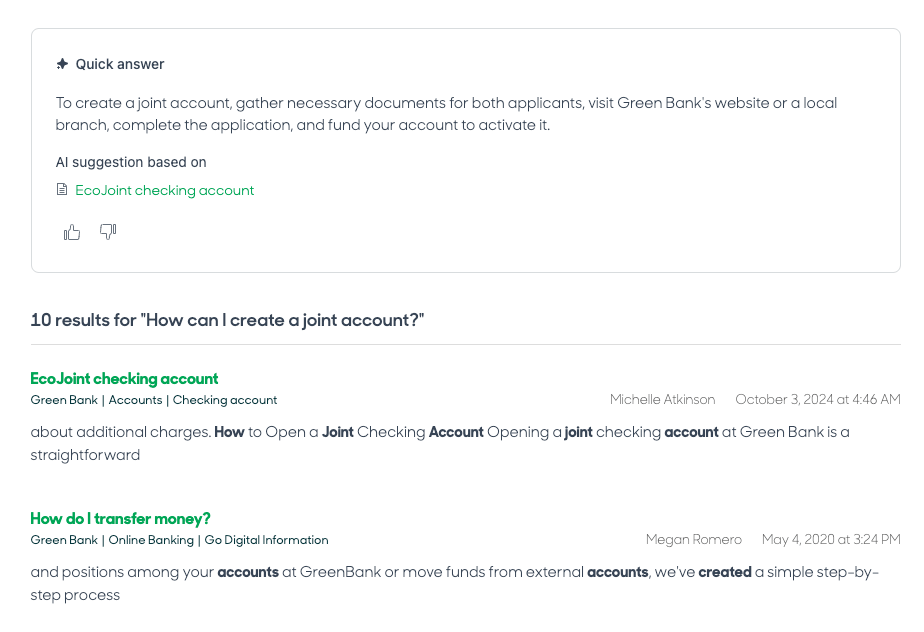 Réponse rapide générée par l'IA dans les résultats de recherche Zendesk pour les requêtes de création de compte