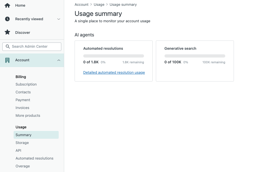 Résumé de l'utilisation du centre d'administration de Zendesk indiquant le quota de recherche générative et la consommation mensuelle