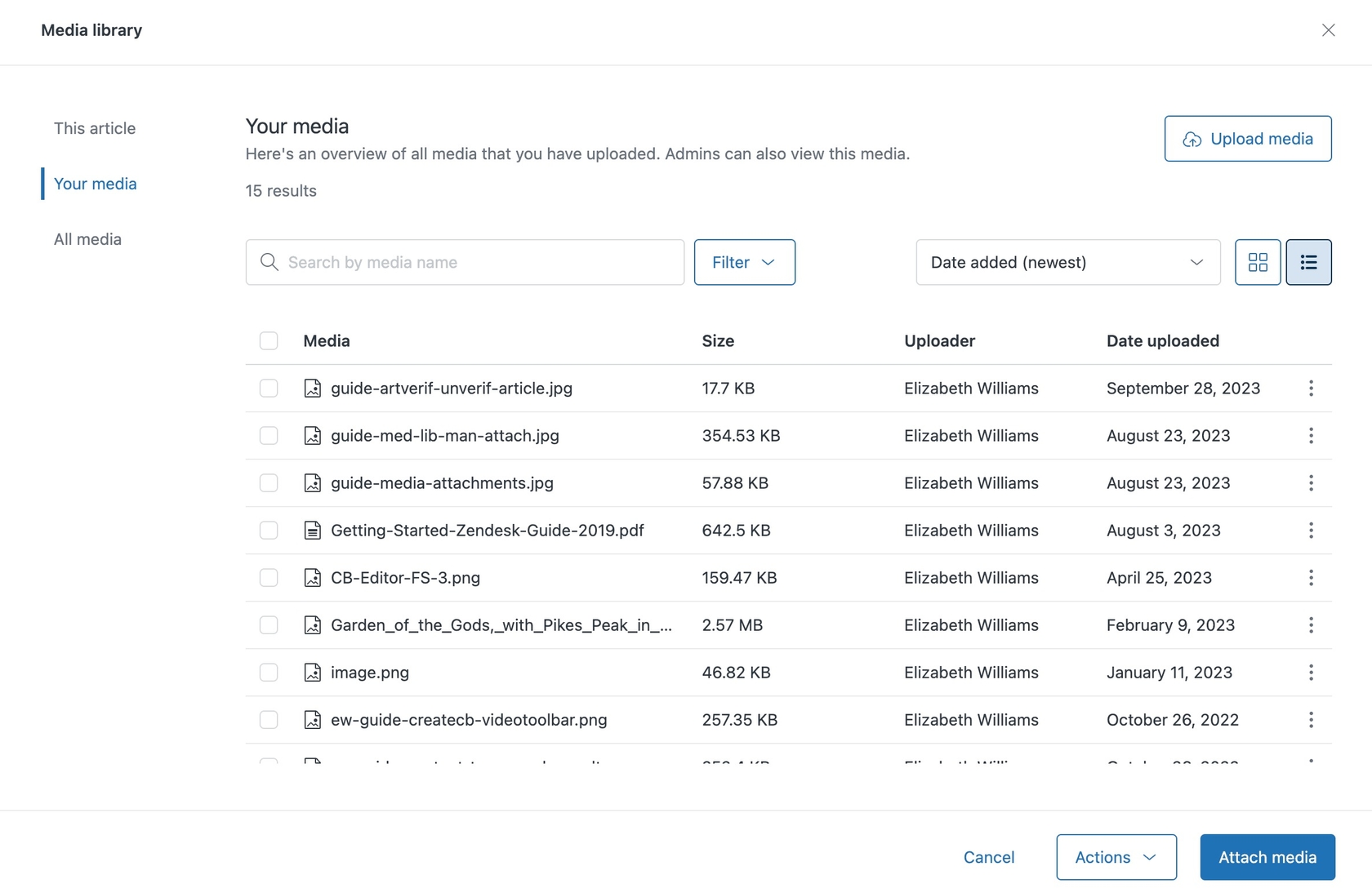 Zendesk Guideのメディアライブラリインターフェース。ユーザーはファイルを管理し、記事に添付できます。