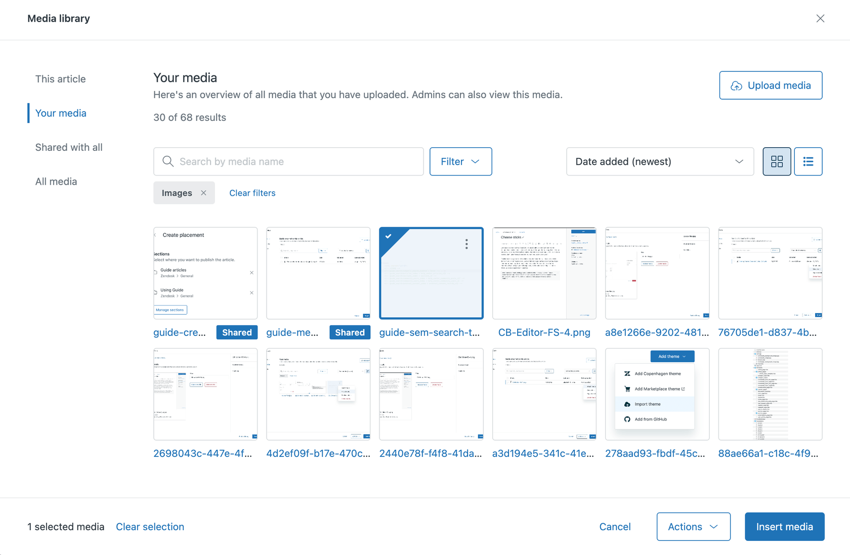 Media library dialog for selecting and inserting images into Zendesk articles.