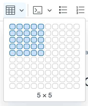Zendesk article editor with table insertion grid selector showing a 5x5 table selection.