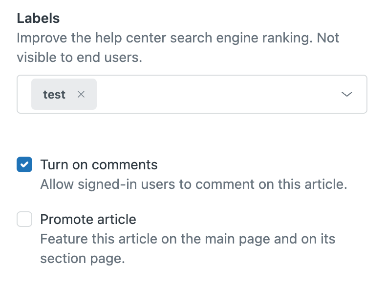 Article settings panel with the 'Turn on comments' checkbox