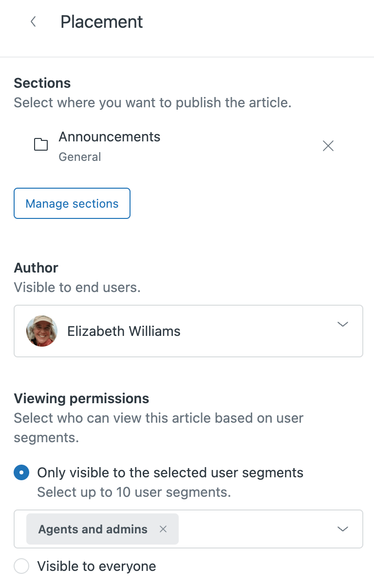 Painel de permissões de visualização e posicionamento de artigos do Zendesk Guide, mostrando opções para restringir a visibilidade do artigo a segmentos de usuário específicos.