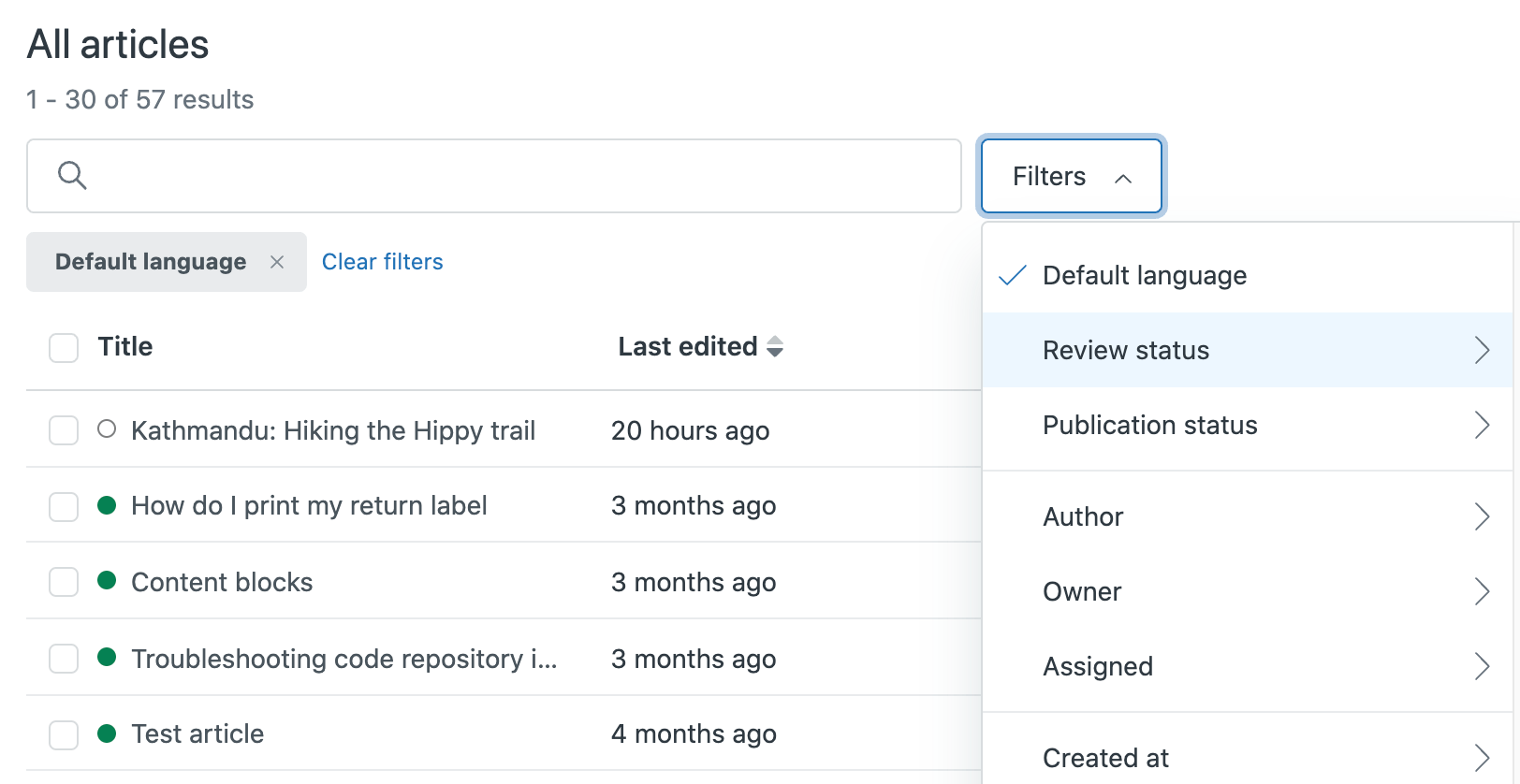 Guide admin interface with article list, search, and filtering options