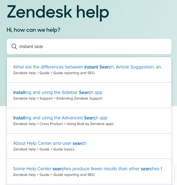 Zendesk's Help Center Suchoberfläche, die eine Suchanfrage und entsprechende Artikelergebnisse zeigt.