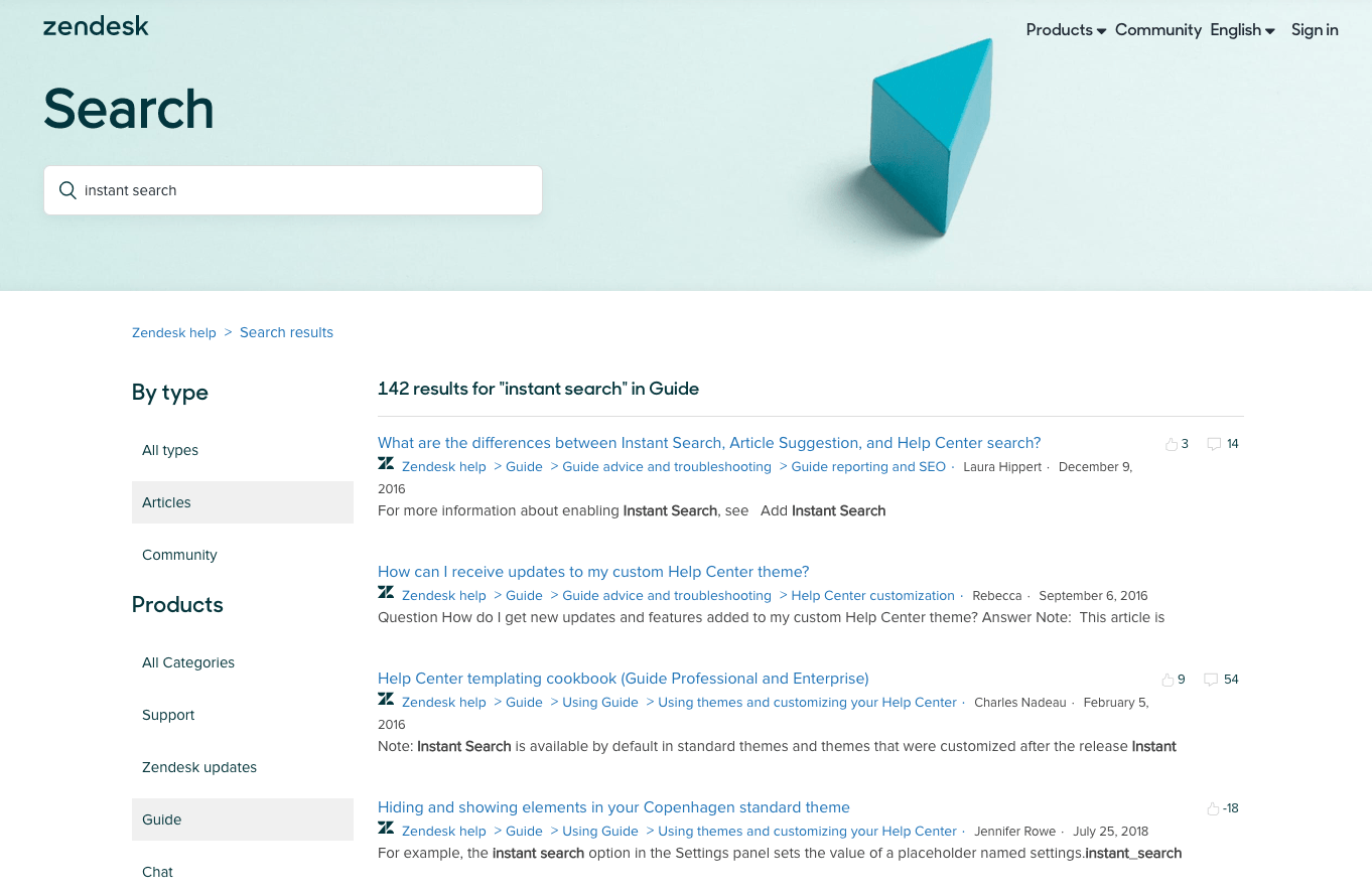 La page des résultats de recherche du centre d’aide de Zendesk, avec des options de filtrage par type de contenu et par catégorie de produit.
