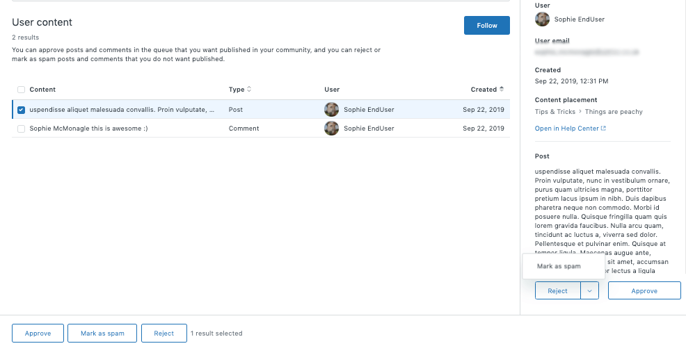Zendesk content moderation queue with approve, reject, and spam options