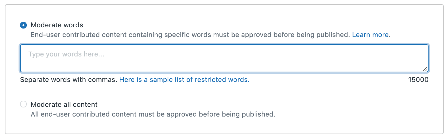 Zendesk content moderation settings panel with keyword and all-content options
