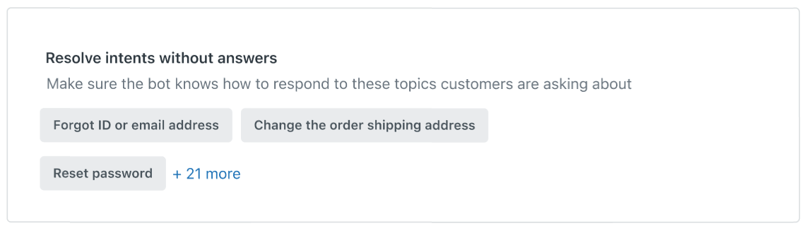 Bot-Konfigurationsfenster mit vorgeschlagenen Intents für Passwortzurücksetzung und Kontowiederherstellung