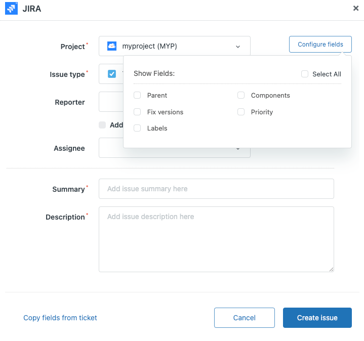Jira issue creation dialog with project selection