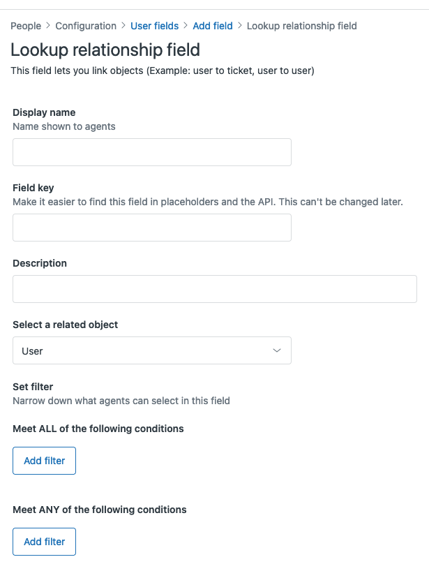 Panneau de configuration du champ de relation de recherche montrant la sélection de l'objet associé