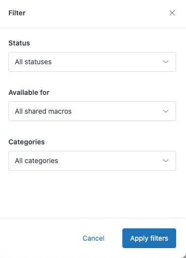 The filter panel for macro management, displaying the 'Available for' dropdown with 'All shared macros' as the current selection.