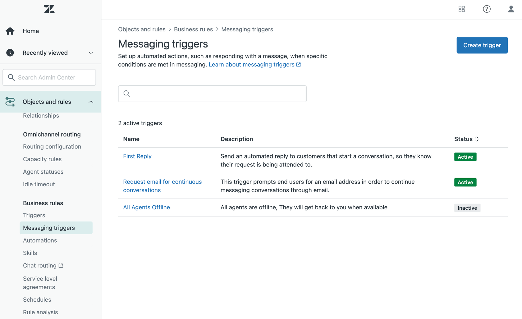 Messaging triggers page in Admin Center