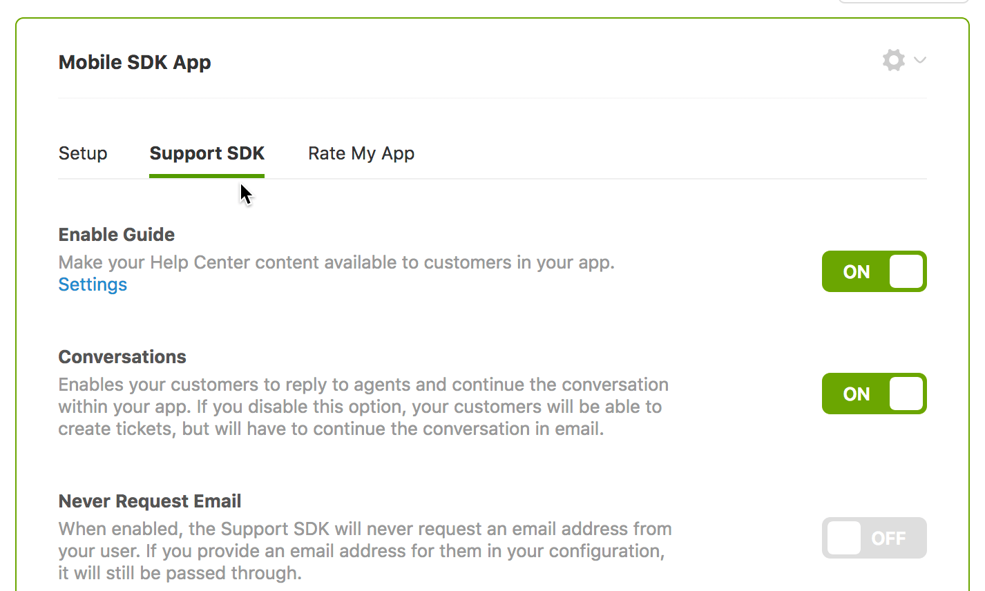 Zendesk Admin Center Mobile SDK configuration panel