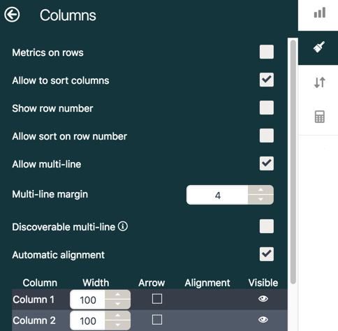 Spaltenkonfigurationsfenster mit Sortier-, Zeilennummerierungs- und Breitenoptionen.
