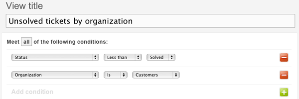 Zendesk view configuration with organization filter for ticket tracking