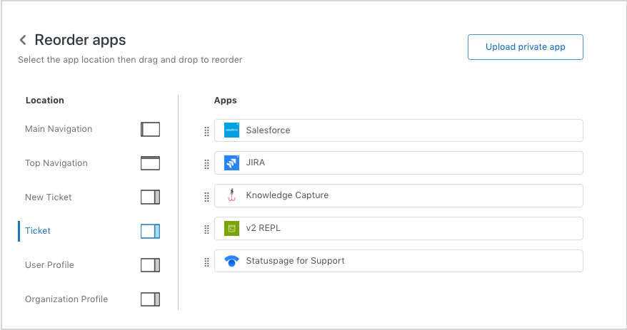 Interface de gestion des applications avec des options pour réorganiser et configurer les applications intégrées