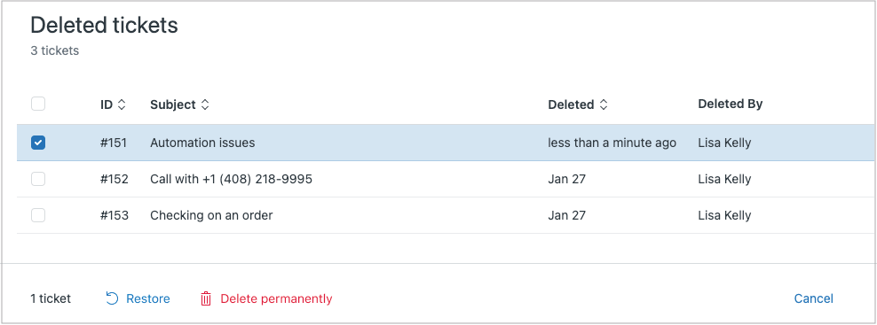 Vue des tickets supprimés de Zendesk avec les options de restauration et de suppression permanente