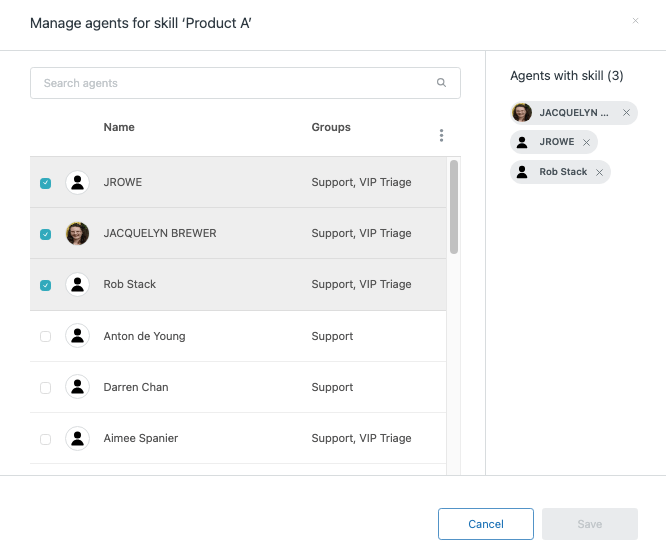 Zendesk-Agentenzuweisungsoberfläche, die verfügbare Agenten für eine bestimmte Fähigkeit anzeigt