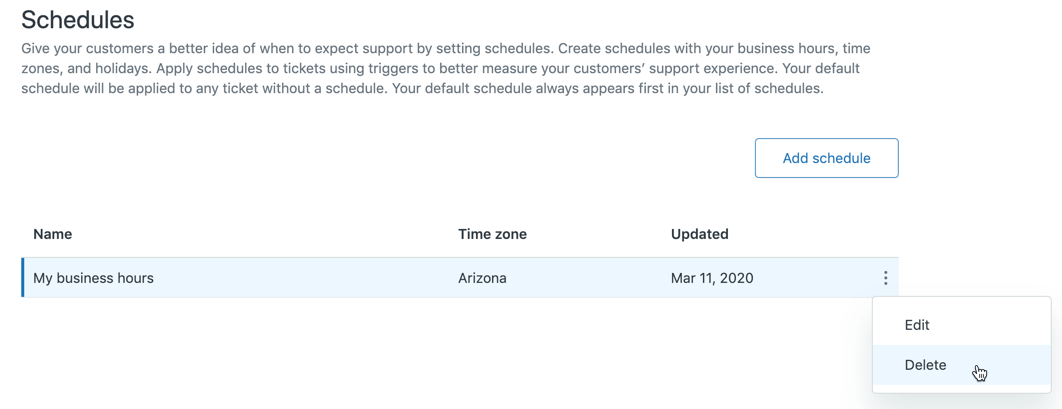 Die Seite zur Zeitplankonfiguration im Zendesk Admin Center zeigt vorhandene Geschäftszeiten und Optionen zur Verwaltung derselben.