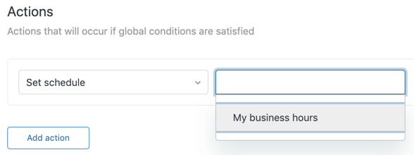 Zendesk's trigger configuration panel, demonstrating the 'Set schedule' action with 'My business hours' selected.