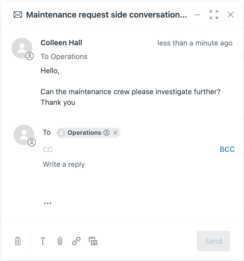 Side conversation thread with reply options and formatting tools