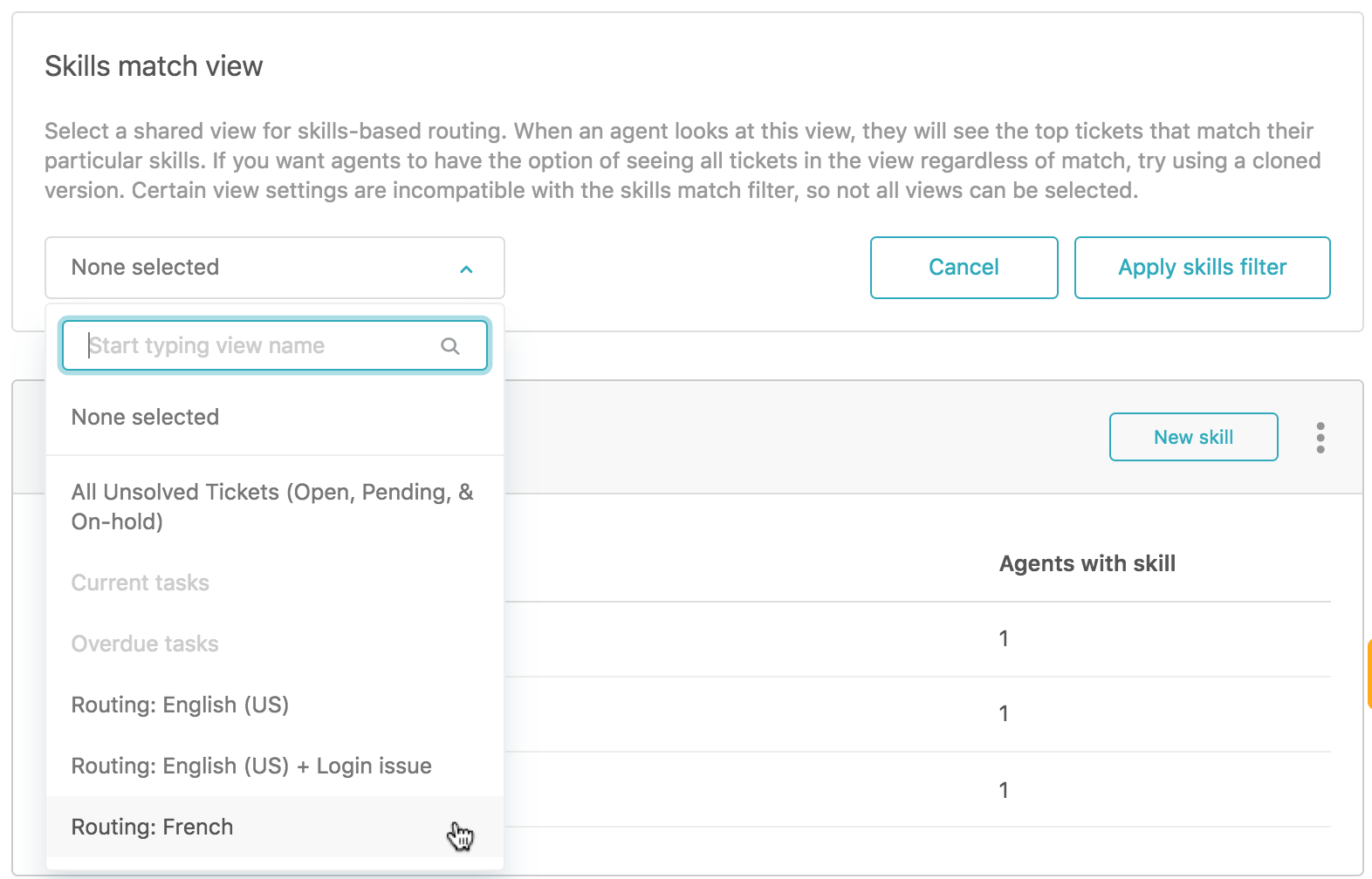 Skills-based routing configuration panel