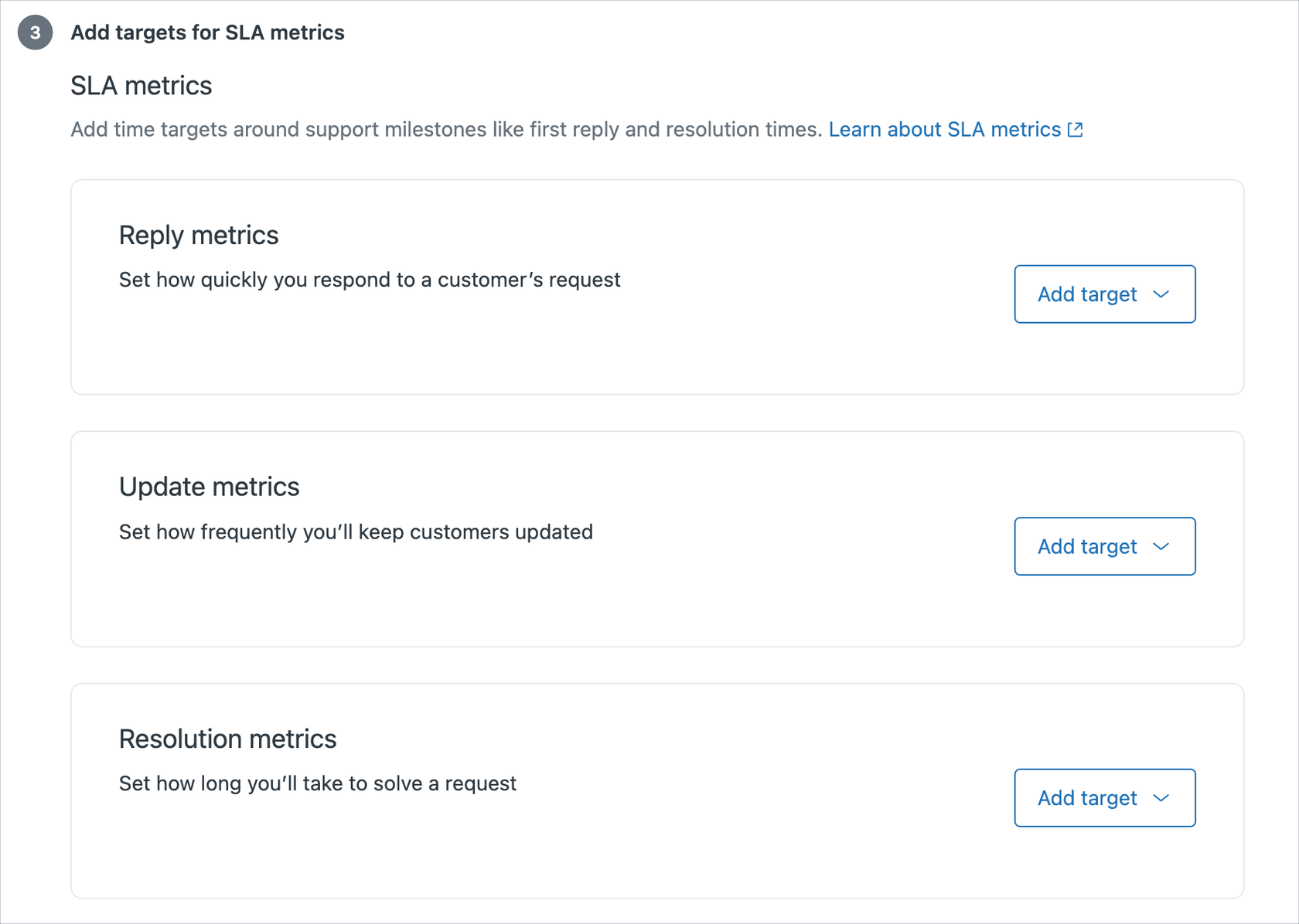 Configuração de métricas de SLA do Zendesk com opções de destino para cada nível de prioridade