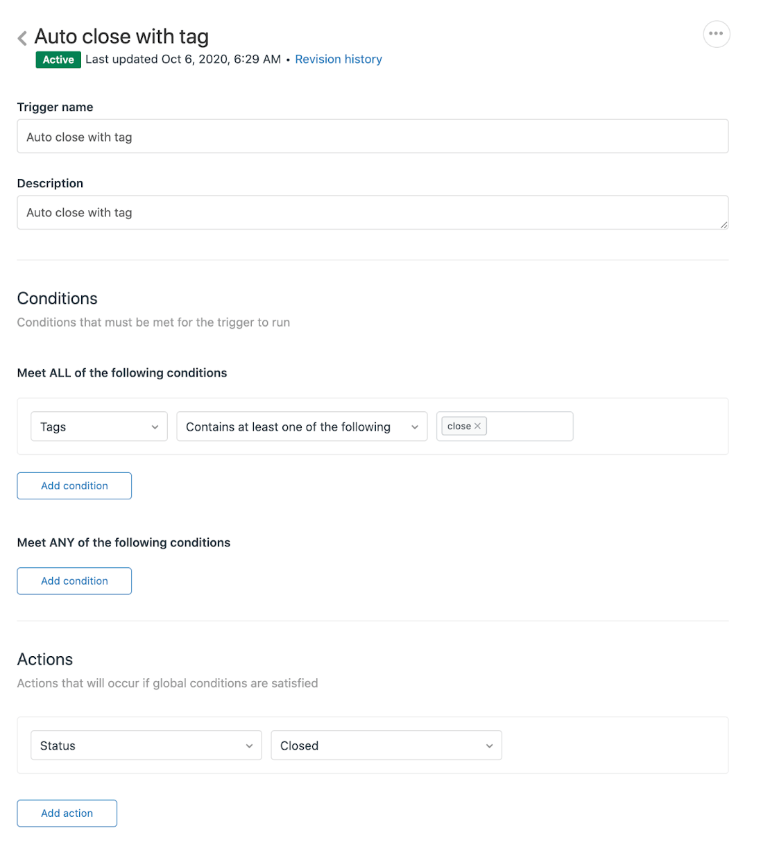 A trigger configuration interface showing conditions for automatically closing tickets based on a close tag