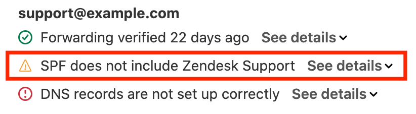 Zendesk's email settings interface indicating issues with SPF record inclusion and DNS configuration.
