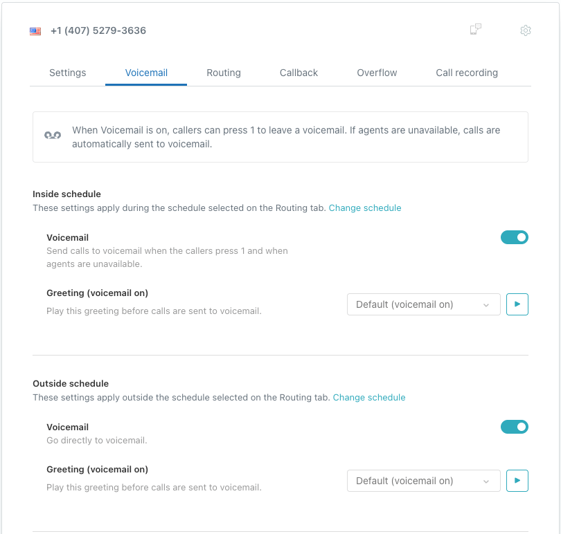 Voicemail tab with toggles for inside and outside business hours