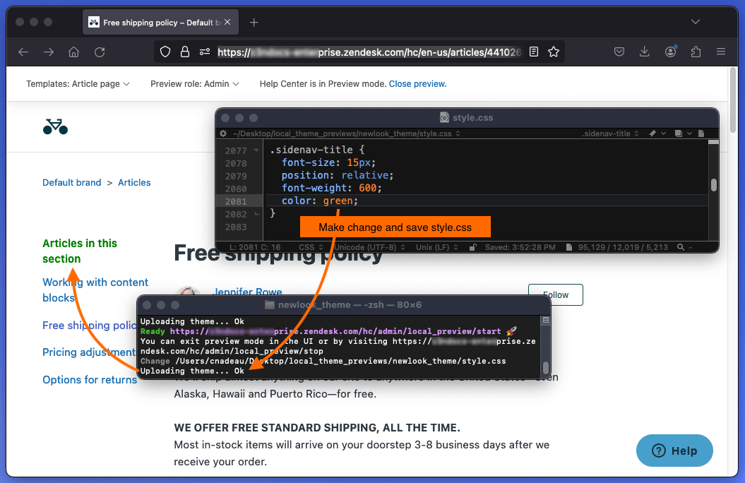 ターミナルでZCLIコマンドが実行され、テーマがアップロードされ、ローカル開発サーバーが起動し、ブラウザにテーマのプレビューが表示されます。